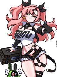 1girl 1other asymmetrical_clothes bangboo_(zenless_zone_zero) bare_shoulders belt black_shirt black_shorts black_thighhighs breasts briefcase cleavage detached_sleeves earrings fur-trimmed_shorts fur_trim green_eyes hair_ornament hair_ribbon hairclip holding holding_briefcase jaggy_lines jewelry ji_heeeeeee large_breasts long_hair navel nicole_demara off-shoulder_shirt off_shoulder pink_hair ribbon shirt shorts single_thighhigh smile thigh_belt thigh_strap thighhighs thighs torn_clothes torn_thighhighs twintails two-tone_shirt white_shirt wrist_cuffs zenless_zone_zero