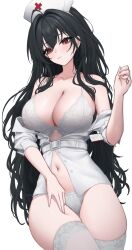 1girl :3 azur_lane bare_shoulders black_hair blush bra breasts cleavage closed_mouth hair_between_eyes hat highres jdnyang lace lace-trimmed_bra lace-trimmed_thighhighs lace_trim large_breasts long_hair looking_at_viewer navel no_pants nurse nurse_cap open_clothes open_shirt panties red_eyes shirt smile solo taihou_(azur_lane) thighhighs underwear white_bra white_panties white_shirt white_thighhighs