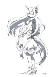 1girl absurdres animal_ears artist_name bow breasts closed_mouth dress ear_bow floating_hair frilled_dress frills furrowed_brow greyscale high_heels highres horse_ears horse_girl horse_tail long_hair looking_at_viewer medium_breasts mejiro_dober_(umamusume) monochrome ringring_(artist) signature simple_background solo tail umamusume very_long_hair white_background
