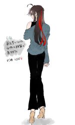 1girl ahoge alternate_costume black_eyes black_hair black_pants black_shirt blue_jacket brown_hair brown_shoes contemporary earrings from_behind full_body genderswap genderswap_(mtf) hair_down hair_ribbon half_updo high_heels highres jacket jewelry koma_horen long_hair long_sleeves looking_back male_focus modao_zushi off_shoulder official_alternate_hairstyle pants profile red_ribbon ribbon shirt shoes simple_background single_bare_shoulder sleeveless sleeveless_shirt solo standing wei_wuxian wei_wuxian_(yiling_laozu) white_background