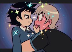 0_0 2boys black_hair blush choripanenpolvo couple from_side full-face_blush grabbing_another&#039;s_chin hand_on_another&#039;s_chin hand_on_another&#039;s_mouth light_brown_hair male_focus multiple_boys nervous_sweating profile scott_pilgrim_(series) scott_pilgrim_takes_off short_hair smug sparkle sparkling_aura sweat thick_eyebrows todd_ingram toon_(style) upper_body wallace_wells yaoi