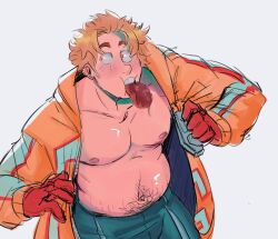 1boy absurdres bara bare_pectorals belly bimbalabam blonde_hair boku_no_hero_academia cowboy_shot eating fat_gum_(boku_no_hero_academia) food from_above gloves highres hood hooded_jacket jacket large_pectorals long_sleeves looking_back male_focus meat muscular muscular_male navel navel_hair nipples pectorals plump sanpaku short_hair simple_background solo spiked_hair standing stomach tareme thick_eyebrows unfinished white_background