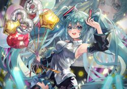 1girl 39 ahoge anniversary aqua_eyes aqua_hair aqua_nails aqua_necktie armpits balloon birthday black_skirt black_sleeves black_thighhighs commentary detached_sleeves grey_shirt hair_ornament hatsune_miku heart_balloon holding holding_balloon long_hair necktie pleated_skirt shirt skirt sleeveless sleeveless_shirt solo soraneko_(purin_kudasai) star_balloon thighhighs twintails very_long_hair vocaloid