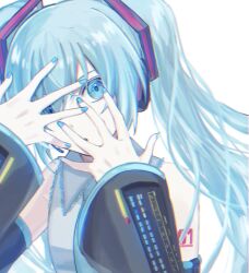 1girl 39 aqua_eyes aqua_hair aqua_nails aqua_necktie bare_shoulders commentary covering_face detached_sleeves grey_shirt hatsune_miku highres iruzu_(pixiv27236115) long_hair long_sleeves looking_at_viewer miku_day nail_polish necktie number_tattoo portrait shirt simple_background solo tattoo vocaloid white_background