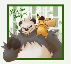 1boy 1other bamboo black_fur brown_hat character_name clenched_hand commentary_request creatures_(company) detective_pikachu_(character) detective_pikachu_(series) fang fang_out game_freak gen_1_pokemon gen_6_pokemon hat highres looking_at_viewer mouth_hold muk6980 nintendo open_mouth pangoro pikachu pointing pointing_at_viewer pokemon pokemon_(creature) smile stalk_in_mouth standing_on_another&#039;s_shoulder white_fur yellow_fur
