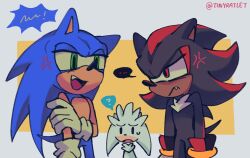 ... 3boys ? anger_vein closed_mouth commentary english_commentary fang furry furry_male gloves green_eyes highres multiple_boys open_mouth red_eyes shadow_the_hedgehog silver_the_hedgehog sonic_(series) sonic_the_hedgehog tail tinyratlet twitter_username