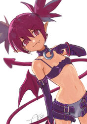 1girl ako_(hoshiya_830) disgaea earrings elbow_gloves etna_(disgaea) fang gloves highres jewelry latex latex_gloves looking_at_viewer makai_senki_disgaea navel pointy_ears red_eyes red_hair skirt skull_earrings slit_pupils smile solo stomach tail twintails