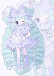 1girl absurdres animal_ears animal_slippers apron blue_eyes blush blush_stickers bow bunny_slippers closed_mouth commission drill_hair fpwrs frilled_apron frilled_bow frills full_body green_hair green_slippers hair_bow highres long_hair looking_at_viewer miruku_(cutesu) one_eye_closed original puffy_short_sleeves puffy_sleeves purple_bow purple_skirt purple_socks rabbit_ears shirt short_sleeves skeb_commission skirt slippers socks solo standing very_long_hair white_shirt zoom_layer