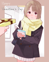 1girl 1other absurdres bag black_coat blush bob_cut border box brown_border brown_hair coat commentary gift gift_box happy_valentine haruruhaharur highres holding holding_gift incoming_gift looking_at_viewer love_live! love_live!_nijigasaki_high_school_idol_club nakasu_kasumi nijigasaki_school_uniform pleated_skirt pov pov_hands red_eyes scarf school_uniform short_hair shoulder_bag skirt symbol-only_commentary valentine wavy_mouth white_skirt yellow_scarf