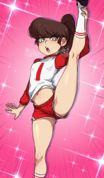 +_+ 1girl arm_at_side black_shoes blue_eyes breasts brown_hair commentary dolphin_shorts english_commentary feet_out_of_frame freckles high_ponytail jcm2 kneehighs kneepits lynn_loud medium_hair navel open_mouth outstretched_hand pink_background ponytail raglan_sleeves red_shirt red_shorts shirt shoes short_shorts shorts simple_background small_breasts socks solo sparkle_background split standing standing_on_one_leg standing_split swept_bangs the_loud_house two-tone_shirt v-shaped_eyebrows white_shirt white_socks yellow_pupils
