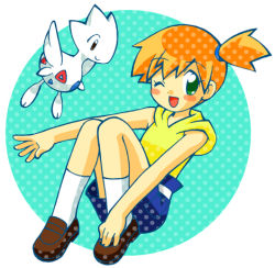 1girl akitsu_aosa alternate_costume blush_stickers gen_2_pokemon green_eyes hood hoodie loafers lowres michikusa misty_(pokemon) nintendo one_eye_closed open_mouth outstretched_arms outstretched_hand pokemon pokemon_(anime) pokemon_(classic_anime) pokemon_(creature) pokemon_hs16 polka_dot reaching red_hair shoes side_ponytail sitting sleeveless sleeveless_hoodie smile socks togetic wink