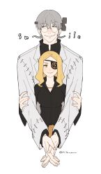 1boy 1girl black_shirt blonde_hair coat collared_shirt eyepatch franken_stein_(soul_eater) glasses green_eyes grey_hair grin hands_on_another&#039;s_arms height_difference highres hissiu hug hug_from_behind lab_coat long_hair long_sleeves looking_at_viewer looking_to_the_side marie_mjolnir own_hands_together round_eyewear shirt short_hair simple_background smile soul_eater stitched_face stitches v-shaped_eyebrows white_background white_coat yellow_eyes