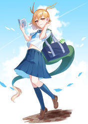 Rule 34 | 1girl, absurdres, antlers, bag, bag charm, blonde hair, blue bag, blue sailor collar, blue skirt, blue sky, blue socks, blush, book, brown footwear, carrying bag, charm (object), closed mouth, cloud, cloudy sky, dragon girl, dragon horns, dragon tail, full body, fur-tipped tail, green scales, green tail, highres, holding, holding book, horns, kicchou yachie, looking at viewer, midriff, midriff peek, monster girl, nano popo02, navel, open book, otter, outdoors, pleated skirt, reading, red eyes, sailor collar, school bag, school uniform, shirt, short hair, short sleeves, shoulder bag, skirt, sky, smile, socks, solo, tail, touhou, turtle shell, white background, white shirt
