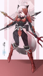 1girl absurdres alternate_costume animal_ears arknights armor armored_boots artist_name boots chinese_commentary closed_mouth commentary_request diamond-shaped_pupils diamond_(shape) frostleaf_(arknights) full_body grey_hair halftone highres hip_vent holding holding_polearm holding_weapon jiuyu_qame knee_boots mask medium_hair monster_hunter:_world monster_hunter_(series) monster_hunter_world:_iceborne one_eye_covered polearm red_boots red_eyes rope rope_belt shoulder_armor solo spear standing symbol-shaped_pupils vambraces weapon zoom_layer