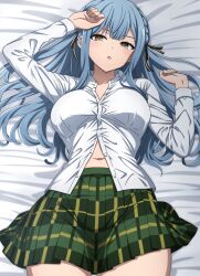 1girl bang_dream! bang_dream!_it&#039;s_mygo!!!!! black_ribbon blue_hair breasts commentary dress_shirt green_skirt hair_ribbon haneoka_school_uniform highres large_breasts long_hair long_sleeves looking_at_viewer lying midriff_peek navel noshimurin on_back open_mouth paid_reward_available partially_unbuttoned plaid_clothes plaid_skirt pleated_skirt ribbon school_uniform shirt sidelocks skirt solo togawa_sakiko white_shirt yellow_eyes