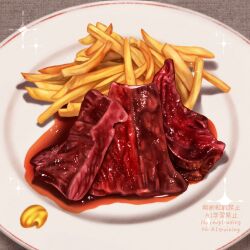 Rule 34 | food, food focus, french fries, highres, ikuno mana, meat, no humans, original, plate, steak, still life, watermark