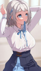 Rule 34 | 1girl, absurdres, adjusting hair, arms up, bikini, bikini under clothes, blue eyes, blue overskirt, blue ribbon, blue skirt, blush, braid, breasts, deras, gakuen idolmaster, grey hair, hair ribbon, hatsuboshi gakuen school uniform, highres, idolmaster, katsuragi lilja, large breasts, long sleeves, looking ahead, neck ribbon, ribbon, ribbon braid, school uniform, see-through clothes, see-through shirt, shirt, shirt tucked in, skirt, solo, swimsuit, white shirt