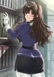 1girl ashigara_(kancolle) ashigara_kai_ni_(kancolle) ass belt black_skirt book book_stack brown_eyes brown_hair day gloves hair_between_eyes hairband highres indoors jacket kantai_collection kirekawa_(lovelyplace) library long_hair long_sleeves looking_at_viewer looking_to_the_side military military_uniform pantyhose pencil_skirt purple_jacket skirt sunlight wavy_hair white_gloves white_hairband white_pantyhose