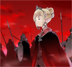 00s 1girl army artoria_pendragon_(fate) blonde_hair cape cloak crown earrings fate/stay_night fate_(series) female_focus gauntlets hair_bun helmet jewelry king lowres original polearm queen red_theme saber_(fate) shield single_hair_bun solo spear tiara war weapon yorishiro_tomoyuki