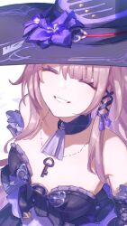 Rule 34 | 1girl, ^ ^, ascot, bare shoulders, black choker, black dress, black hat, brown hair, choker, closed eyes, dress, flower, grin, hat, hat flower, herta (honkai: star rail), highres, honkai: star rail, honkai (series), purple flower, smile, solo, strapless, strapless dress, suwa (swk kkk), the herta (honkai: star rail), upper body, white background