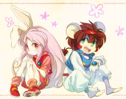 1990s_(style) animal_ears bakumaru brown_hair rabbit_ears cream_(eto_ranger) green_eyes juuni_senshi_bakuretsu_eto_ranger long_hair mouse_ears pink_hair red_eyes sitting wakaya_hana