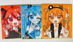 3girls a.i._voice adachi_rei adapted_costume black_ribbon blue_background blue_bow blue_bowtie blue_choker blue_eyes blue_hair blush bow bowtie choker closed_mouth detached_sleeves drill_hair hair_ornament hair_ribbon hand_up hatsune_miku headlamp heart highres index_finger_raised jacket kasane_teto kouno_rikopin long_sleeves looking_at_viewer multiple_girls one_eye_closed open_clothes open_jacket open_mouth orange_background orange_eyes orange_hair red_background red_eyes red_hair ribbon shikishi sleeves_past_wrists smile traditional_media twin_drills twintails utau v vocaloid zipper
