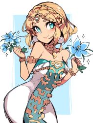 1girl almightychiru aqua_eyes armlet bare_shoulders blonde_hair blue_background blue_flower bracelet braid circlet closed_mouth commentary cowboy_shot crown_braid dress earrings english_commentary flower highres holding holding_flower jewelry magatama magatama_necklace necklace nintendo pointy_ears princess_zelda secret_stone short_hair silent_princess smile solo sparkle strapless strapless_dress the_legend_of_zelda the_legend_of_zelda:_tears_of_the_kingdom two-tone_background white_background white_dress