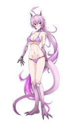 Rule 34 | 1girl, absurdres, ahoge, bare shoulders, bikini, blue eyes, blush, breasts, claws, cleavage, closed mouth, collarbone, commentary request, commission, dragon girl, dragon horns, dragon tail, full body, g (genesis1556), gradient hair, groin, hair between eyes, heterochromia, highres, horns, huge ahoge, large breasts, long hair, looking at viewer, monster girl, multicolored hair, navel, original, purple bikini, purple eyes, purple hair, scales, sidelocks, simple background, skeb commission, skindentation, smile, solo, standing, stomach, swimsuit, tachi-e, tail, very long hair, white background