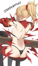 1girl areola_slip ass back black_thighhighs blonde_hair breasts detached_collar detached_sleeves exploding_clothes fate/apocrypha fate_(series) highres long_hair mordred_(fate) mordred_(fate/apocrypha) panties ponytail sidelocks small_breasts thighhighs tonee translation_request underwear