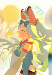 Rule 34 | 3girls, absurdres, animal, animal ears, animal on head, blue archive, blue dress, bm tol, bow, character request, china dress, chinese clothes, closed eyes, covered navel, detached sleeves, dress, ear tag, from side, grey hair, hair bow, halo, highres, long hair, long sleeves, mouse ears, mouse girl, multiple girls, on head, open mouth, saya (blue archive), sleeveless, sleeveless dress, solo focus, sweatdrop