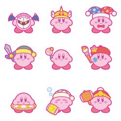 :o =_= artist_kirby artist_request beret bow bowtie candy closed_eyes closed_mouth cosplay cutter_kirby fake_wings food full_body green_hat hammer hat holding holding_candy holding_food holding_hammer holding_lollipop holding_paintbrush holding_sword holding_weapon invincible_candy jester_cap king_dedede king_dedede_(cosplay) kirby kirby_(series) lollipop marx_(kirby) marx_(kirby)_(cosplay) mask meta_knight meta_knight_(cosplay) nightcap nintendo no_humans official_art outline paint paintbrush pillow pink_outline red_bow red_bowtie red_hat second-party_source sleep_kirby sleeping smile star_(symbol) swim_ring sword sword_kirby transparent_background two-tone_hat weapon winged_hat wings yellow_hat