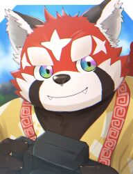 1boy absurdres bara camera chinese_clothes claws closed_mouth fangs furry furry_male highres holding holding_camera looking_at_viewer male_focus multicolored_eyes red_panda_boy shirt solo tokyo_houkago_summoners yellow_shirt zhurong_(housamo) zuboboz