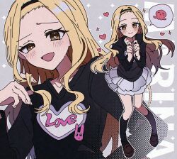 Rule 34 | 1girl, bangs pinned back, black hairband, black shirt, black socks, blonde hair, blush, brown eyes, brown shoes, character name, danjou sora, english text, full body, hairband, halftone, heart, highres, kirarazaka marina, long hair, looking at viewer, multiple views, octopus, open mouth, shirt, shoes, skirt, smile, smug, socks, spoken animal, star (symbol), takopii, takopii no genzai