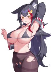 1girl absurdres animal_ear_fluff animal_ears arm_up armpit_crease armpits bikini bikini_top_only black_bikini black_hair black_pantyhose breasts closed_mouth commentary_request crotch_cutout deaver detached_sleeves highres hololive large_breasts long_hair looking_at_viewer micro_bikini multicolored_hair navel ookami_mio ookami_mio_(1st_costume) orange_eyes paid_reward_available pantyhose red_hair simple_background single_ear_down solo steaming_body streaked_hair sweat swimsuit tail thighband_pantyhose torn_clothes torn_pantyhose virtual_youtuber white_background wolf_ears wolf_girl wolf_tail