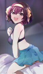1girl black_bra blue_skirt blush bra hairband highres open_mouth sasai_tuki short_hair skirt solo suzumiya_haruhi suzumiya_haruhi_no_yuuutsu underwear yellow_hairband