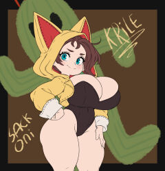 1girl alternate_breast_size animal_ear_hood artist_name black_leotard blue_eyes blush breasts brown_hair character_name closed_mouth clover_hair_ornament fake_animal_ears final_fantasy final_fantasy_xiv four-leaf_clover_hair_ornament from_side hair_ornament hand_on_own_hip highres hood hoodie huge_breasts krile_baldesion_(ff14) lalafell leotard looking_at_viewer playboy_bunny sabotender sackoni short_hair smile solo wide_hips yellow_hoodie