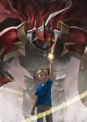Rule 34 | 2boys, absurdres, armor, blue shirt, brown hair, cape, d-ark, digimon, digimon (creature), digimon tamers, dukemon, goggles, goggles on head, highres, lance, male focus, matsuda takato, mayozom, multiple boys, polearm, red cape, shield, shirt, size difference, weapon