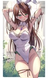 1girl absurdres animal_ear_hairband animal_ears armpits arms_behind_head arms_up border breasts brown_hair cleavage collar commission covered_navel cowboy_shot detached_collar eyes_visible_through_hair fake_animal_ears fake_tail flower frilled_leotard frills green_eyes groin hair_between_eyes hair_flower hair_ornament hairband highleg highleg_leotard highres jewelry large_breasts leotard long_hair long_hair_between_eyes looking_at_viewer mole mole_under_eye necklace original parted_lips playboy_bunny rabbit_ears rabbit_tail second-party_source skeb_commission skindentation solo tail trente white_border white_collar white_hairband white_leotard