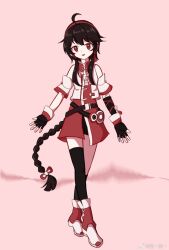 asymmetrical_legwear bare_shoulders belt black_gloves black_hair black_socks black_thighhighs boots braid brown_belt brown_hair dress fingerless_gloves full_body gloves headphones headset highres long_hair mole multicolored_boots open_clothes open_vest pink_background pointzhu red_boots red_dress red_eyes red_headset single_braid socks solo standing thighhighs very_long_hair vest vocaloid vsinger_(vocaloid) warm_colored watermark weibo_username weibo_watermark white_vest yuezheng_ling yuezheng_ling_v3