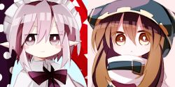 2boys :&lt; :3 blush_stickers bright_pupils brown_eyes brown_hair closed_mouth collared_shirt commentary_request eyes_visible_through_hair gold_trim hair_between_eyes hat hood hood_up jester_cap kirby_(series) long_hair magolor male_focus marx_(kirby) multicolored_headwear multiple_boys neck_ribbon nintendo no_nose personification pink_eyes pink_hair pointy_ears polka_dot_headwear purple_ribbon ribbon scarf shirt short_hair sketch sweat usagi_nui white_pupils white_scarf white_shirt