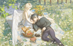 1boy 1girl absurdres angel angel_wings apple basket black_hair black_pants black_sweater blonde_hair book bread camisole chamomile commentary cross cross_necklace day ema3 feathered_wings flower food fruit grass hair_flower hair_ornament highres holding_hands jewelry lap_pillow long_hair lying necklace original outdoors pants photo_(object) ring short_hair sleeping sweater symbol-only_commentary white_camisole white_wings wings