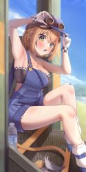 Rule 34 | 1girl, absurdres, armpits, arms up, bare shoulders, black hair, blonde hair, blue overalls, bottle, breasts, cleavage, collarbone, dooby (vtuber), gloves, goggles, goggles on head, green eyes, hair ornament, hat, highres, indie virtual youtuber, medium breasts, mouse tail, multicolored hair, open mouth, overalls, short eyebrows, short hair, sitting, smile, solo, strapless, streaked hair, sweat, tail, thick eyebrows, tube top, virtual youtuber, water bottle, white gloves, white hair, zeolch