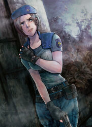 1girl bad_id bad_pixiv_id beret black_gloves blue_eyes blue_hat blue_pants blue_shirt brown_hair fingerless_gloves gloves gun handgun hat holding holding_gun holding_weapon jill_valentine johnny_(nana) pants resident_evil resident_evil_1 shirt short_hair shoulder_pads weapon