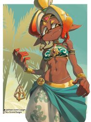 Rule 34 | 1girl, armlet, bare shoulders, blonde hair, bracelet, breasts, choker, cosplay, cowboy shot, dark-skinned female, dark skin, earrings, fangs, frye (splatoon), frye (splatoon raiders), gerudo, gradient hair, harem pants, highres, holding, holding jewelry, holding necklace, jewelry, laz gm, midriff, multicolored hair, navel, necklace, nintendo, outline, palm tree, pants, red hair, smile, solo, splatoon (series), splatoon raiders, the legend of zelda, the legend of zelda: breath of the wild, tree, watermark, web address, white outline