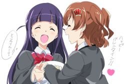 2girls aijou_karen blunt_bangs blush brown_hair closed_eyes commentary_request holding_hands long_hair multiple_girls open_mouth purple_hair school_uniform short_hair shoujo_kageki_revue_starlight smile translation_request tsuyuzaki_mahiru two_side_up umanosuke yuri