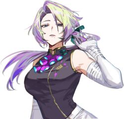 Rule 34 | 1girl, black shirt, blonde hair, breasts, claude clawmark, elbow gloves, eyelashes, floating hair, genderswap, genderswap (mtf), gloves, gradient hair, green eyes, green ribbon, hair ribbon, hand up, hashtag-only commentary, highres, kaohom503, large breasts, long hair, looking at viewer, low ponytail, mole, mole under mouth, multicolored eyes, multicolored hair, nijisanji, nijisanji en, parted bangs, parted hair, parted lips, ponytail, purple eyes, purple hair, ribbon, shirt, simple background, sleeveless, sleeveless shirt, solo, two-tone eyes, virtual youtuber, white background, white gloves