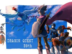 1other 3boys ancestor_and_descendant anniversary armor belt bird black_bodysuit blue_armor blue_gloves blue_hat blue_helmet blue_sky blue_tunic bodysuit boots border brown_boots brown_gloves cape circlet commentary_request copyright_name dragon_quest dragon_quest_i dragon_quest_ii dragon_quest_iii fake_horns floating_cape floating_clothes gloves goggles goggles_on_headwear hat helmet hero_(dq1) hero_(dq3) highres holding holding_sword holding_weapon horned_helmet horns in-franchise_crossover magainu male_focus multiple_boys on_one_knee orange_bodysuit prince_of_lorasia profile purple_cape ramia_(dq3) red_cape roto_(dq3) sheath short_hair silver_circlet sky spiked_hair sword sword_on_back tunic weapon weapon_on_back white_border yellow_bodysuit