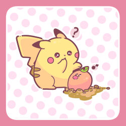 ? border chibi chibi_only commentary_request creatures_(company) diglett full_body game_freak gen_1_pokemon hand_to_own_mouth imomushi_(pixiv_9001433) musical_note nintendo no_humans pikachu pink_border pokemon pokemon_(creature) polka_dot polka_dot_background