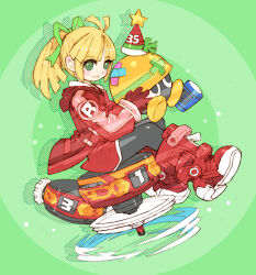 anniversary armored_boots black_bodysuit blonde_hair blush bodysuit boots dress full_body gloves green_background green_eyes helmet high_ponytail jacket long_hair mega_man_(classic) mega_man_(series) met_(mega_man) nakayama_tooru open_clothes open_jacket ponytail red_dress red_footwear red_gloves red_jacket roll_(mega_man) sitting yellow_helmet