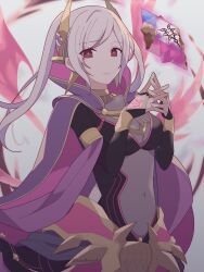 Rule 34 | 1girl, 343rone, absurdres, breasts, bridal gauntlets, cape, cleavage, closed mouth, covered navel, dark persona, female robin (fell tactician) (fire emblem), female robin (fire emblem), female robin (grima) (fire emblem), fire emblem, fire emblem awakening, fire emblem cipher, fire emblem heroes, highres, jewelry, large breasts, long hair, looking at viewer, nintendo, official alternate costume, red eyes, see-through cleavage, see-through clothes, simple background, smile, solo, standing, twintails, white background, white hair